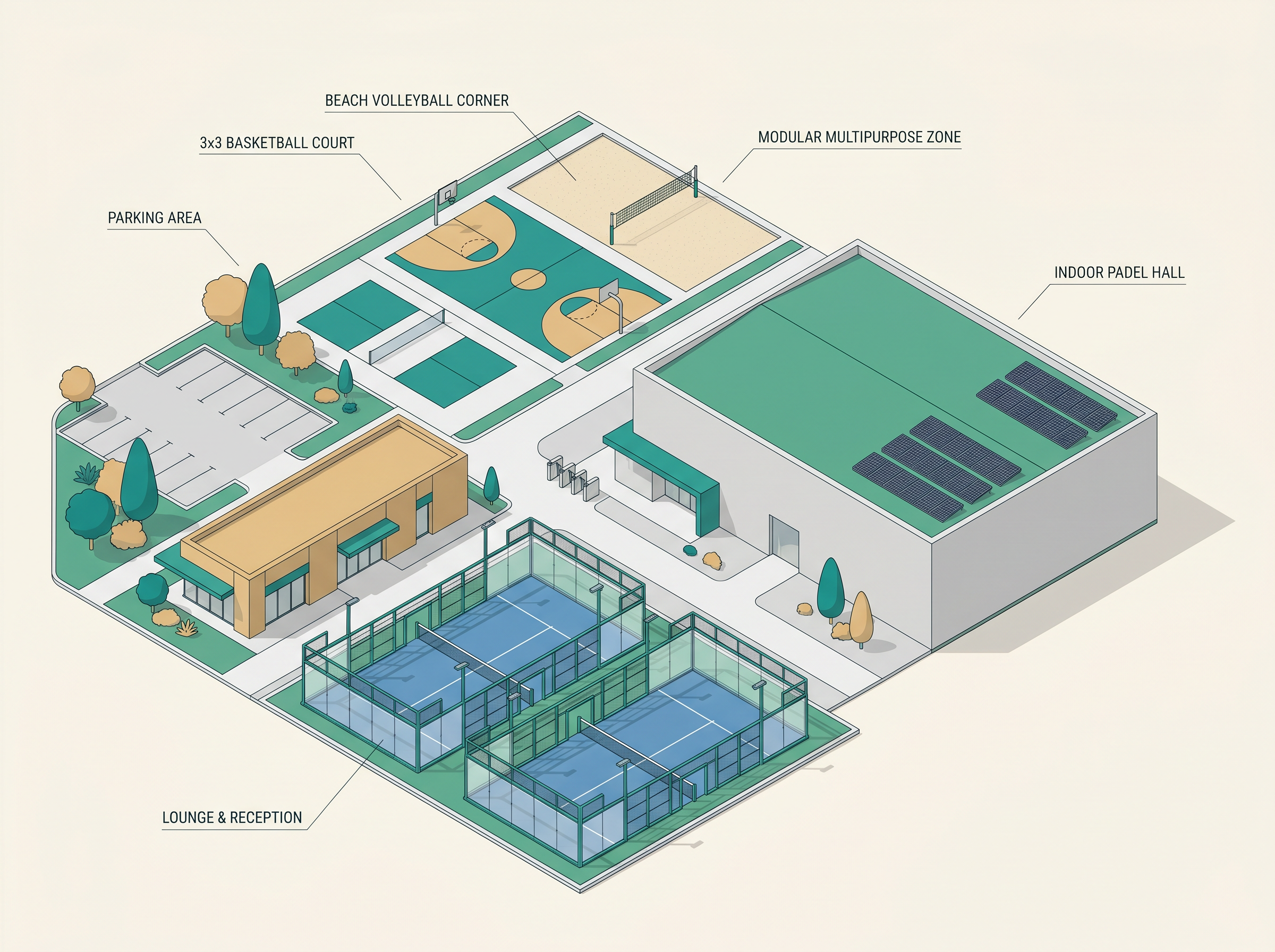 Isometrische Konzeptvisualisierung eines Padel-Standortes mit Halle, Courts und Sportmix-Erweiterungen
