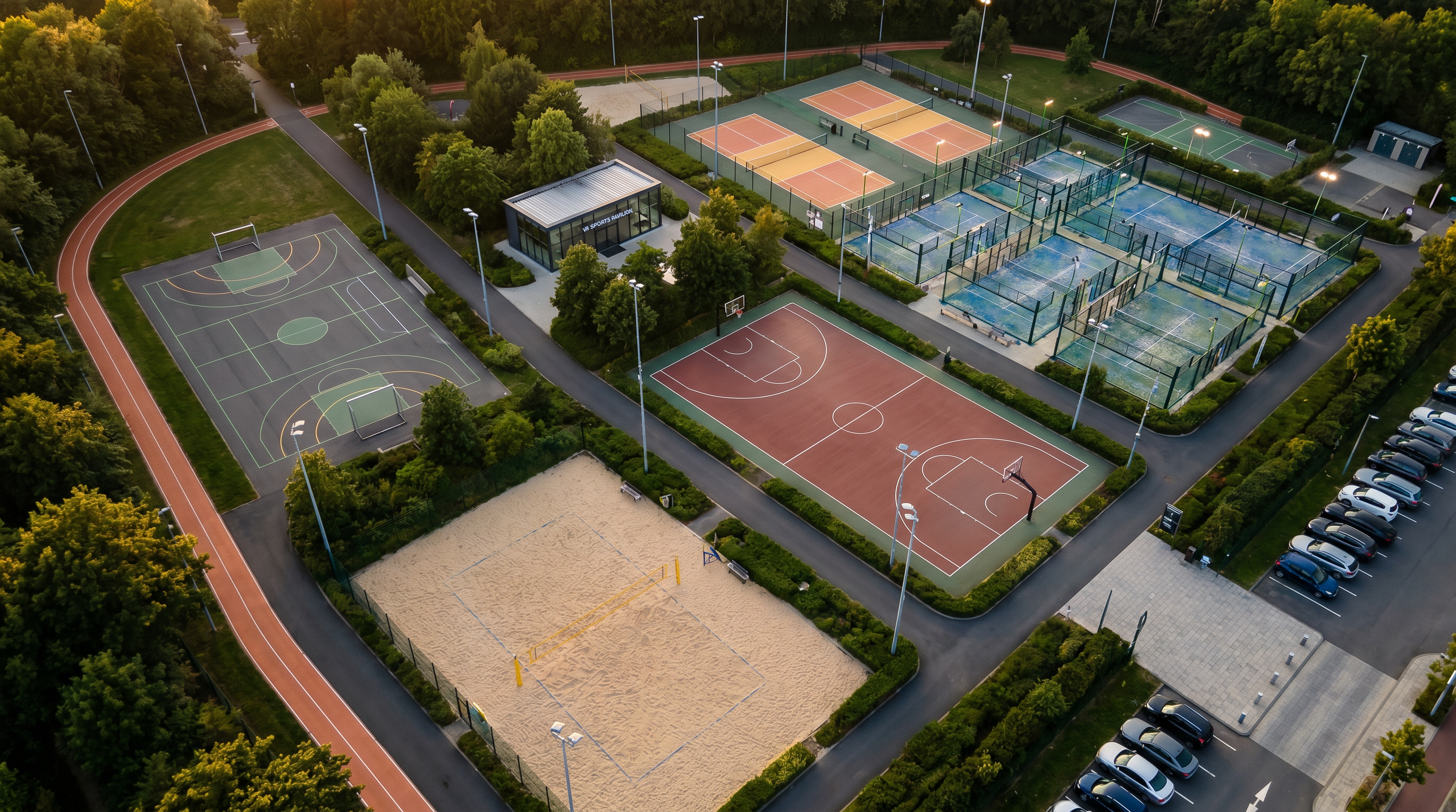 Aerial-Visualisierung eines Sports Hub mit Padelcourts, Multisportflächen, Beachvolleyball und Speedtrack